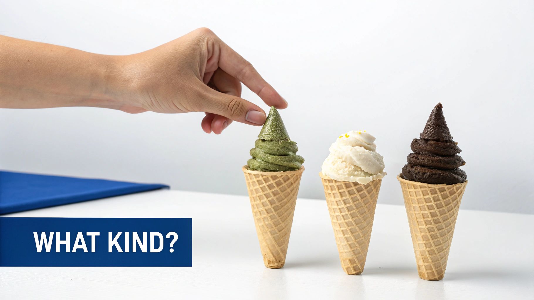 A hand places a green pointed hat on green soft-serve ice cream, next to vanilla and chocolate cones.