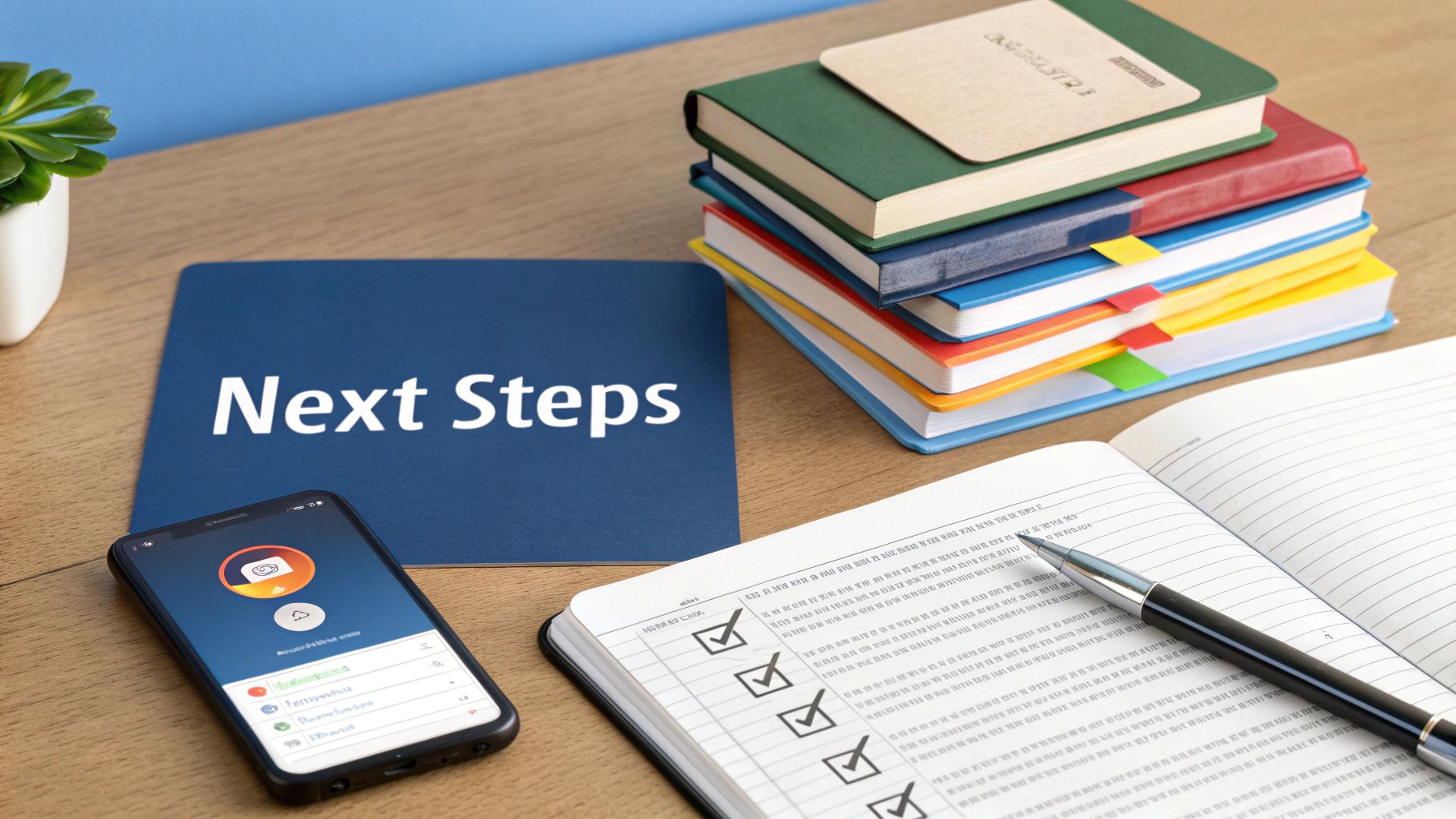 A desk setup with 'Next Steps' pad, smartphone, checklist notebook, pen, and colorful books.