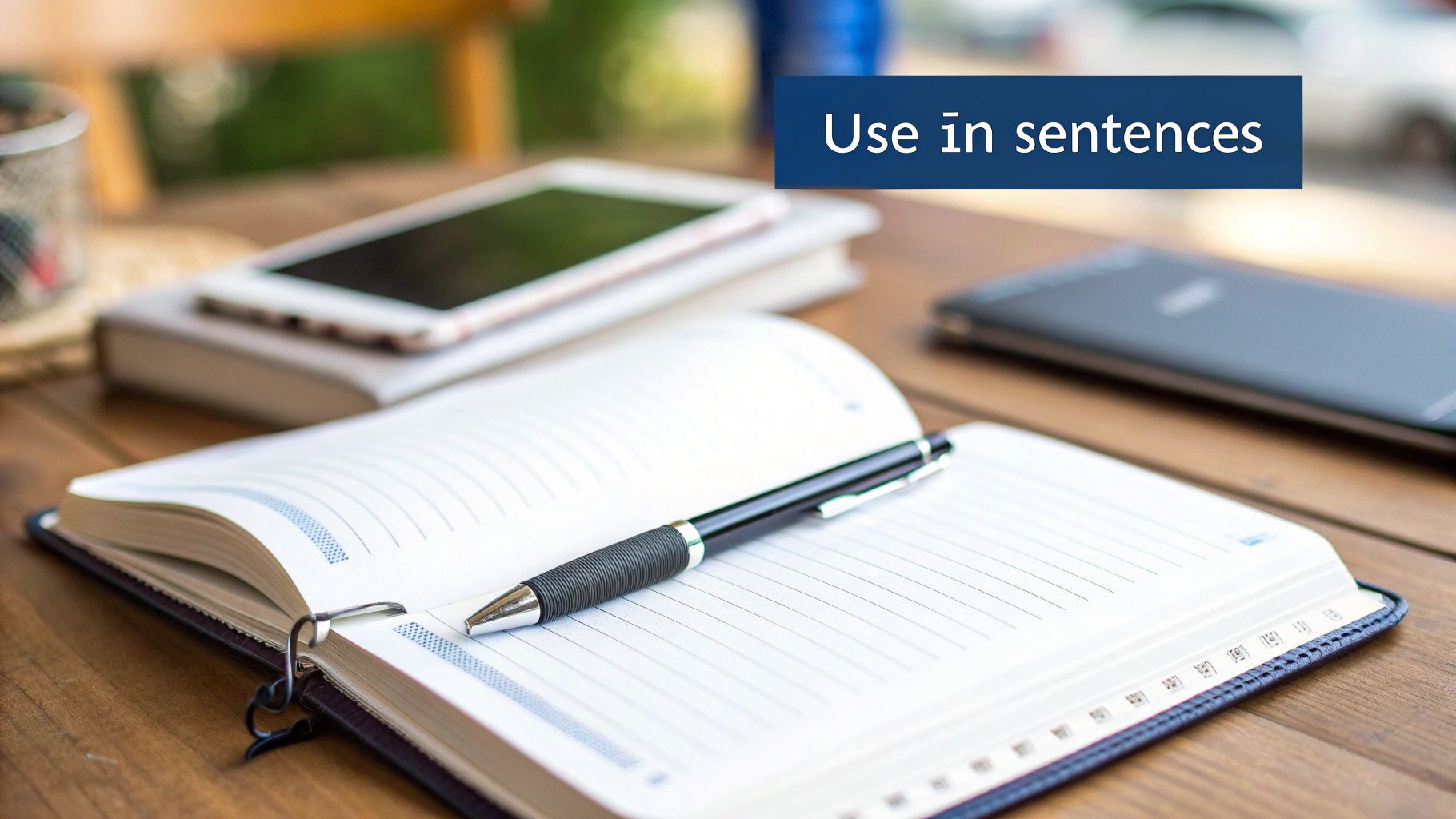 An open notebook with a pen on a wooden desk, with a smartphone and other devices.