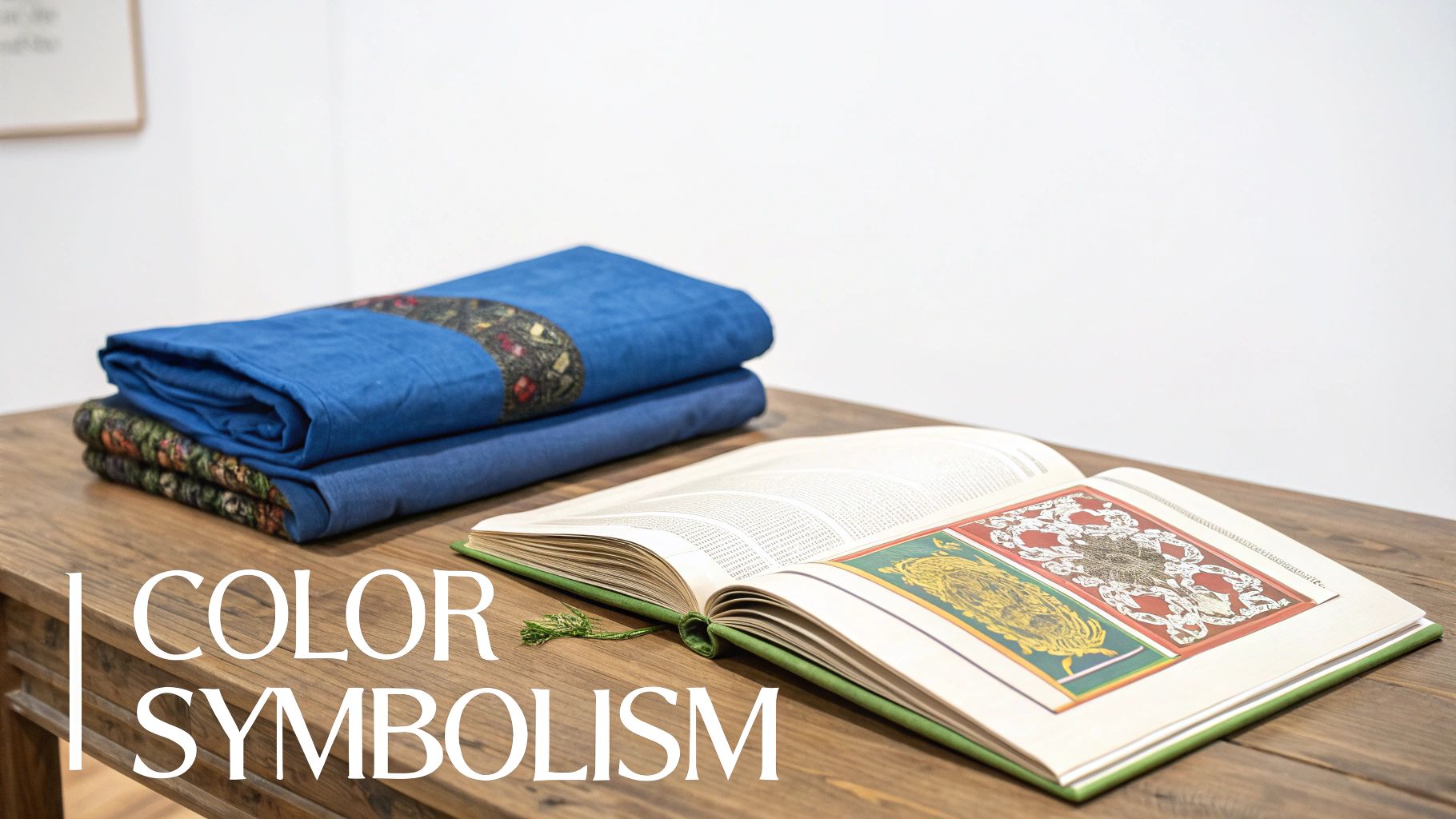 Folded blue fabrics with intricate designs and an open book about color symbolism.
