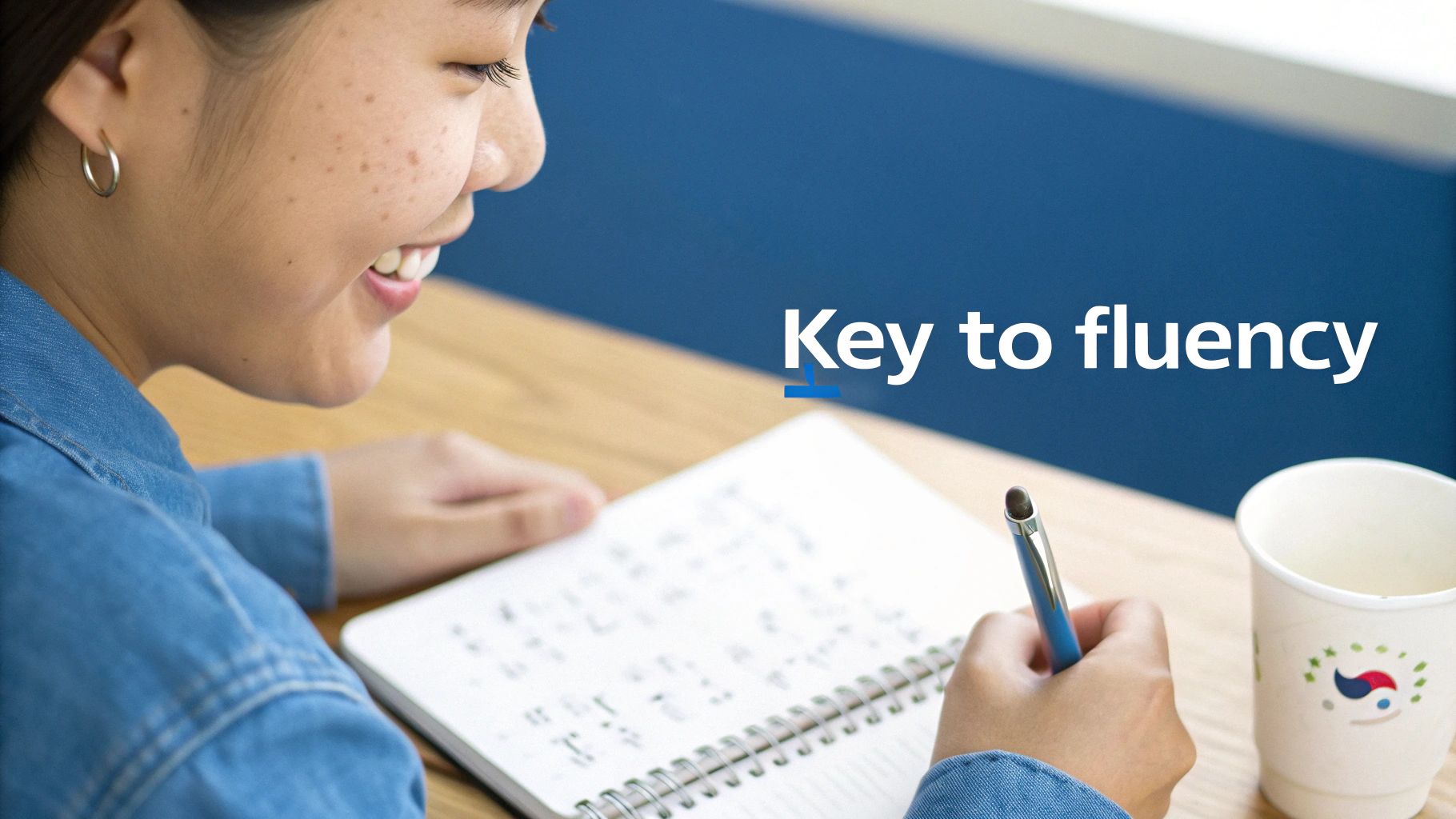 Young woman smiling while writing Korean language notes in notebook with coffee mug beside her