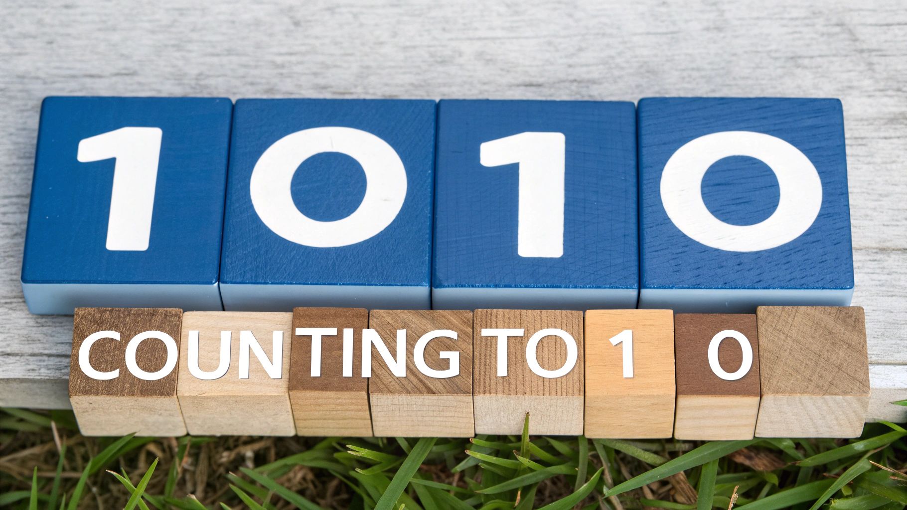 Blue blocks spell '1010' above wooden blocks spelling 'COUNTING TO 10' on grass.