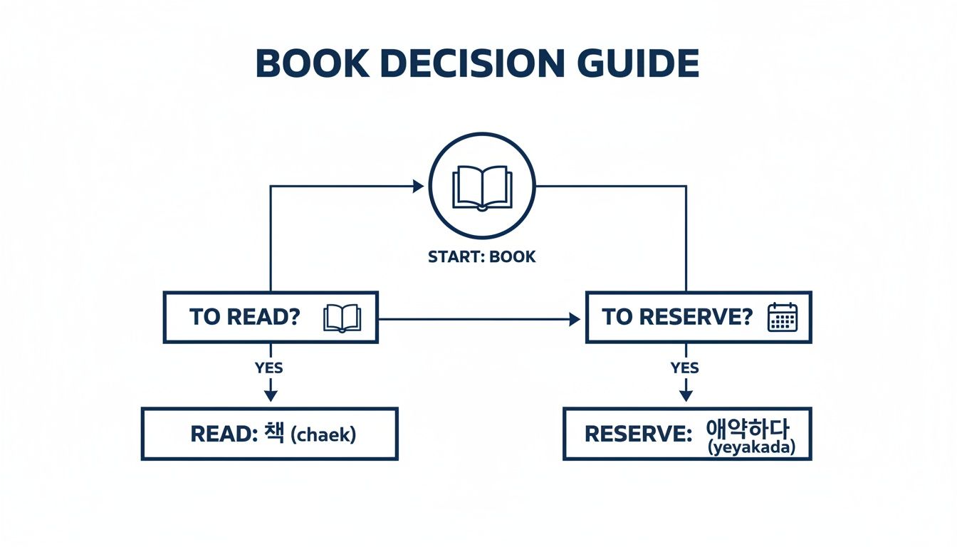 A flowchart guiding book decisions to read (chaek) or reserve (yeyakada) in Korean.