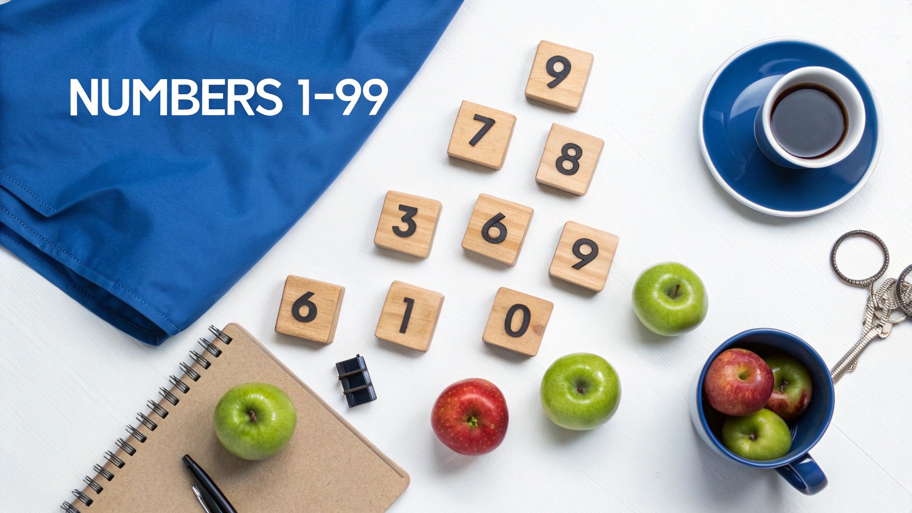 Flat lay of number tiles, apples, coffee, and stationery with 'NUMBERS 1-99' text.