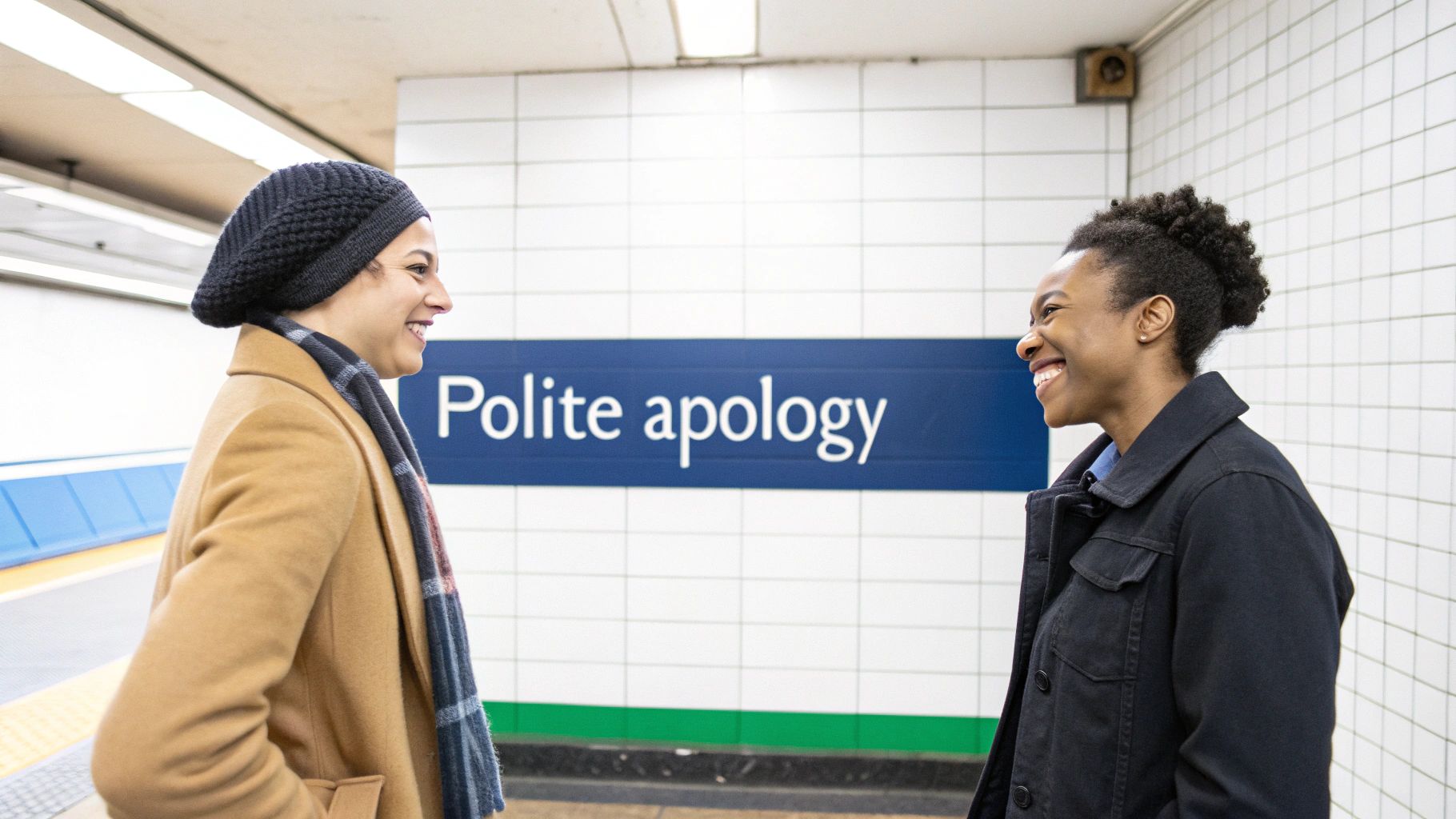 Two women smiling at each other in a subway station with a 'Polite apology' sign.