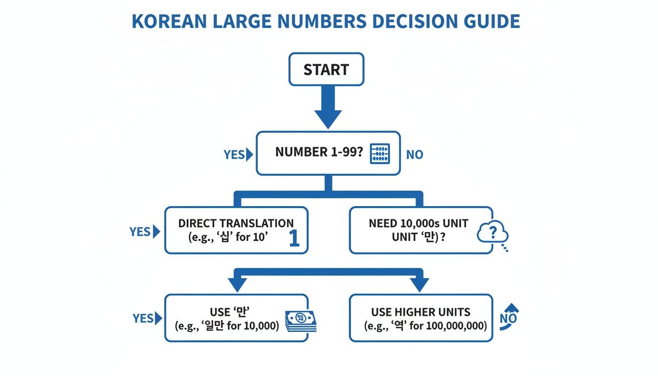 Flowchart guiding the decision for using Korean large numbers, including '만' and '억' units.