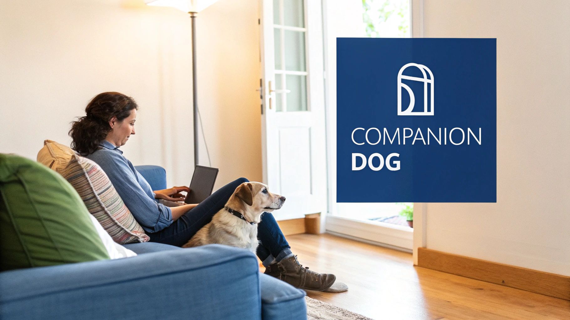 A woman on a blue sofa works on a laptop, with her companion dog resting beside her.