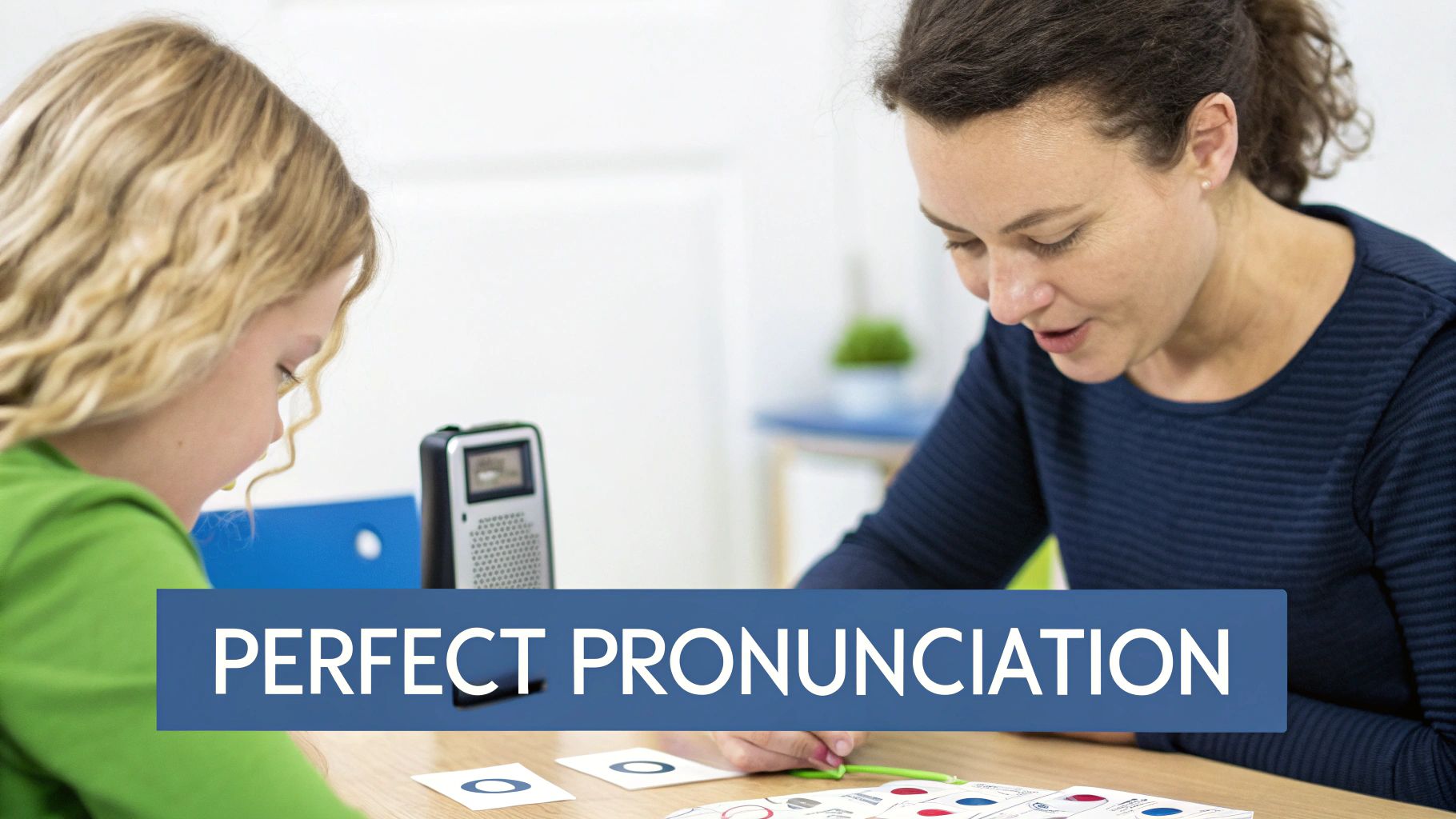 A young girl and an adult woman are engaged in a pronunciation lesson using cards and an audio device.