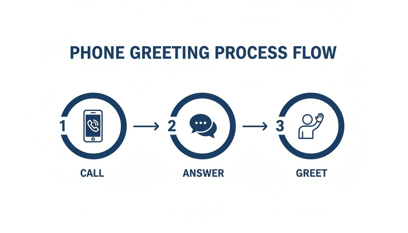 A three-step phone greeting process flow diagram showing Call, Answer, and Greet stages.