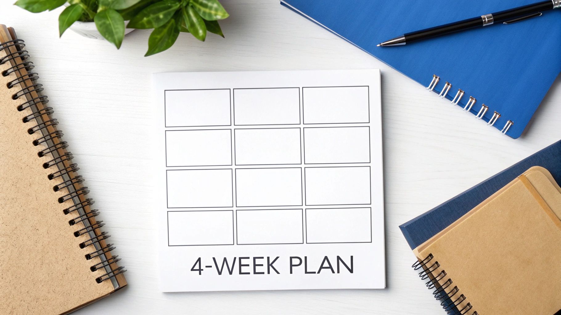 Overhead view of a 4-week plan template, various notebooks, a pen, and a green plant on a white desk.