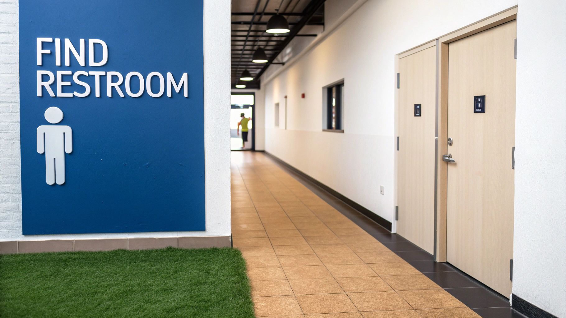 A blue sign displaying "FIND RESTROOM" and a male icon directs to a long hallway with two light wooden restroom doors.