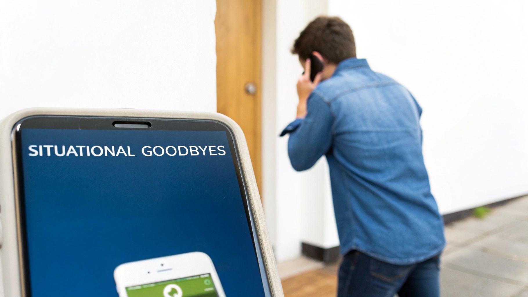 A smartphone screen displays 'SITUATIONAL GOODBYES' while a person talks on their phone, walking away.