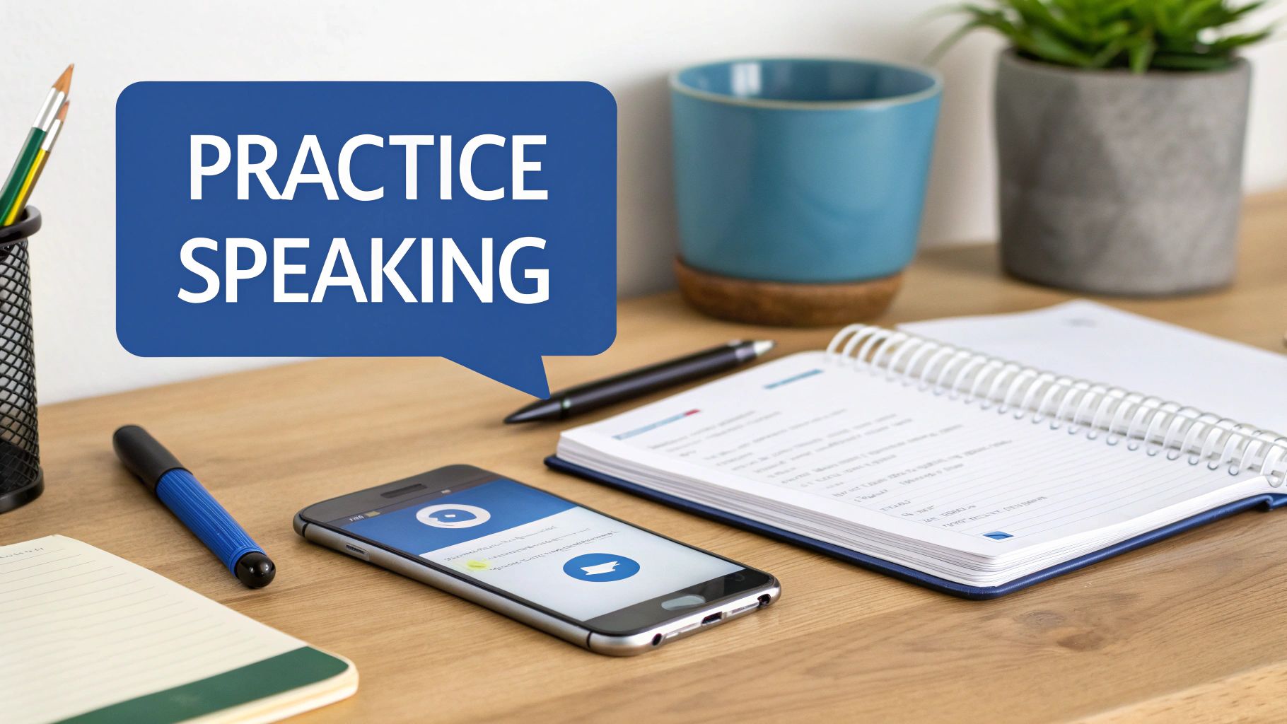 A desk with a speech bubble 'PRACTICE SPEAKING', smartphone, notebook, and pens for language learning.
