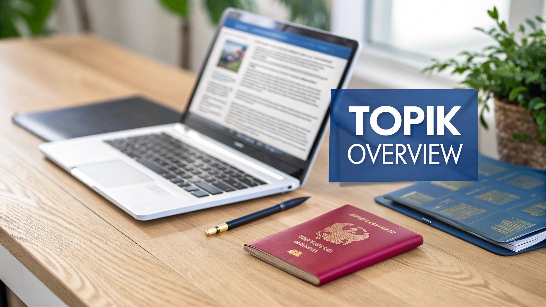 TOPIK OVERVIEW text overlaid on an image of a laptop, passport, pen, and folder on a desk.