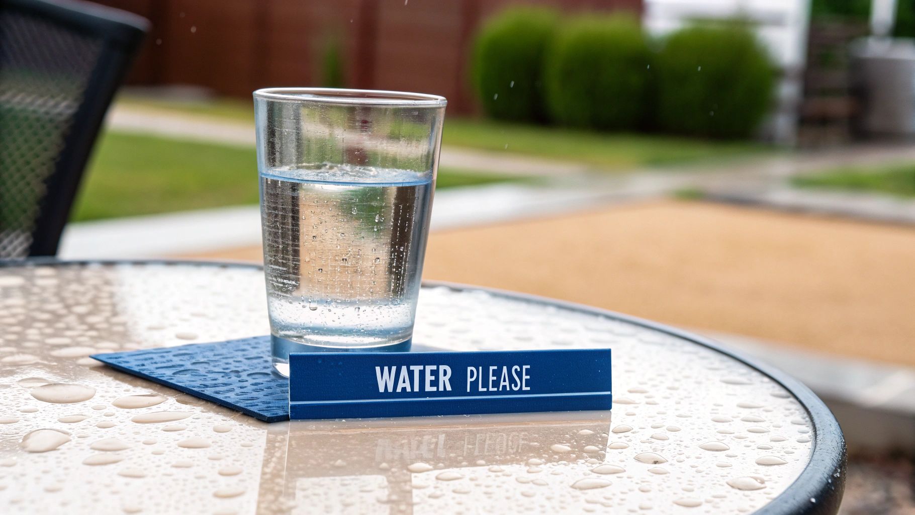 A glass of water and a blue "WATER PLEASE" sign on a wet outdoor patio table.