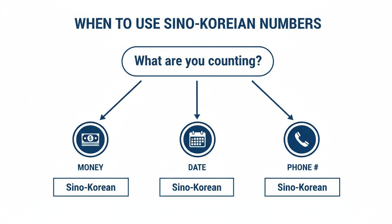 Flowchart illustrating when to use Sino-Korean numbers for money, dates, and phone numbers.