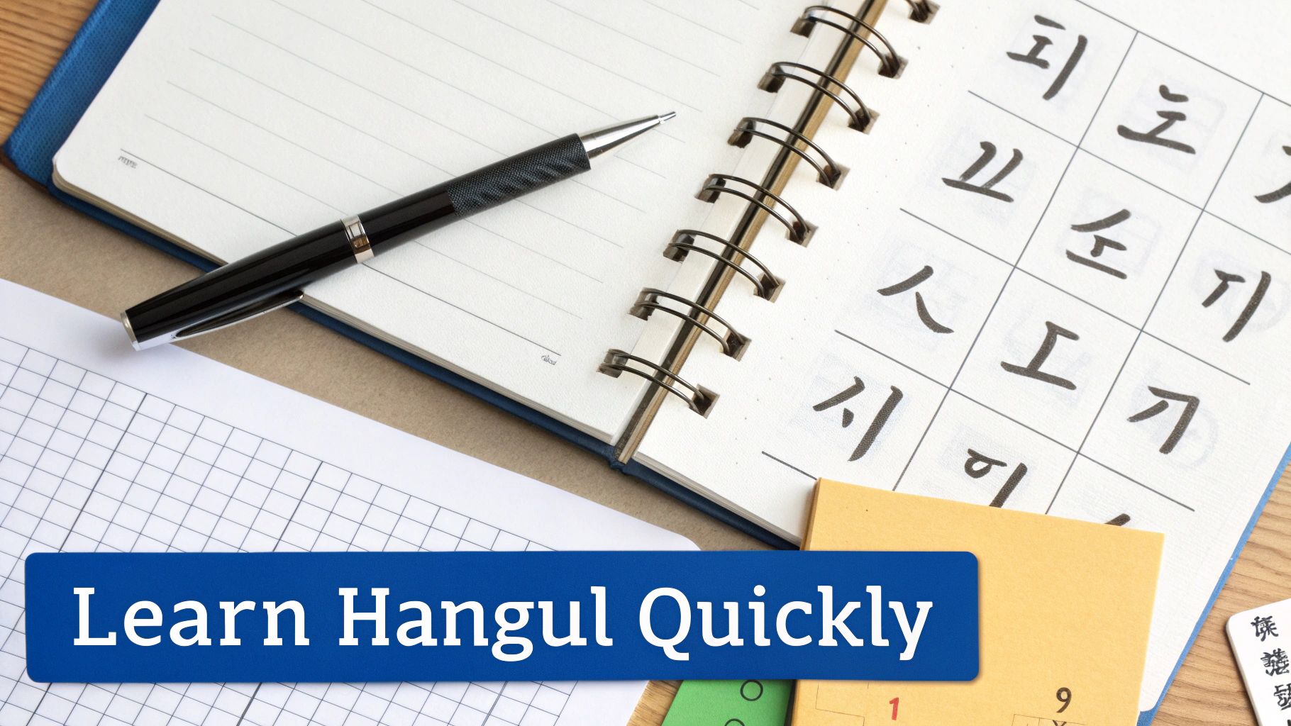 Overhead view of a notebook open to a page with handwritten Korean Hangul characters and a pen, with text overlay 'Learn Hangul Quickly'.