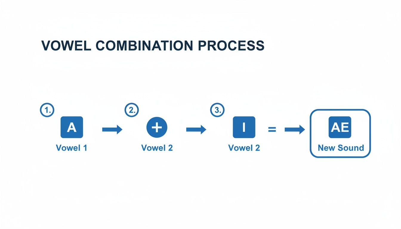 Diagram illustrating the vowel combination process where Vowel 1 (A) and Vowel 2 (I) combine to form a new sound (AE).