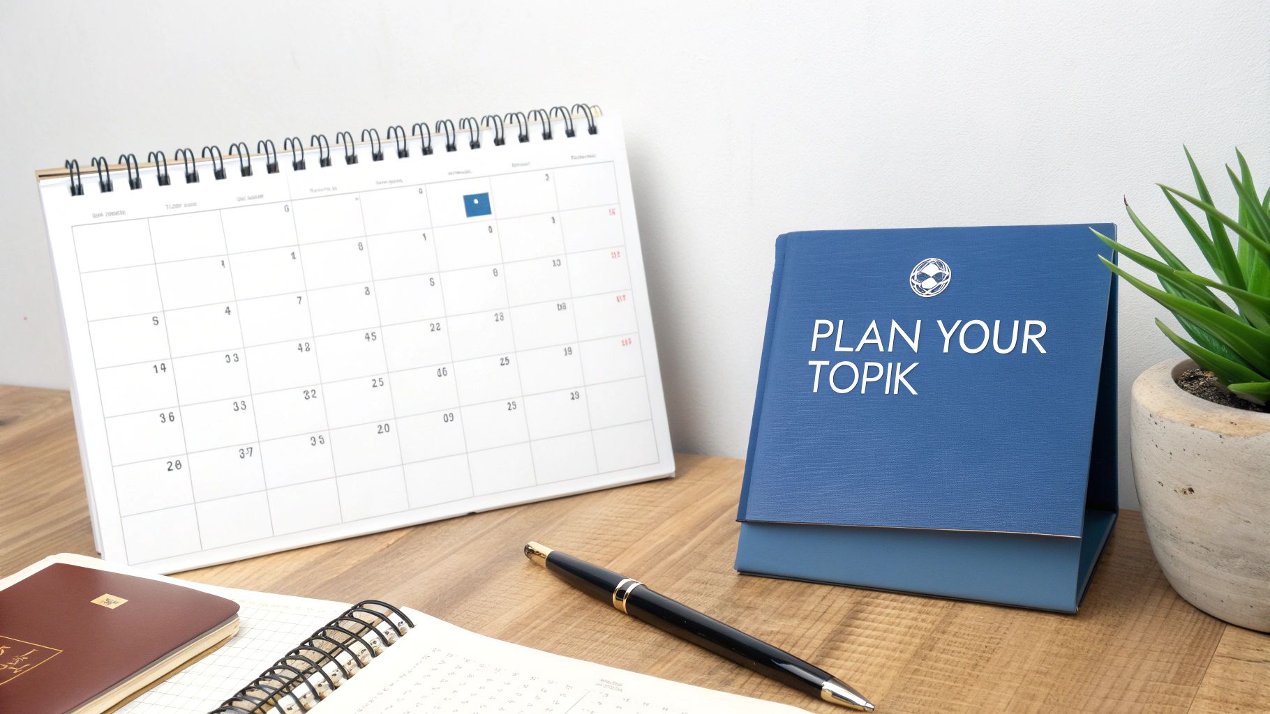A desk setup for studying, featuring a calendar, a "PLAN YOUR TOPIK" book, pen, and notebook.