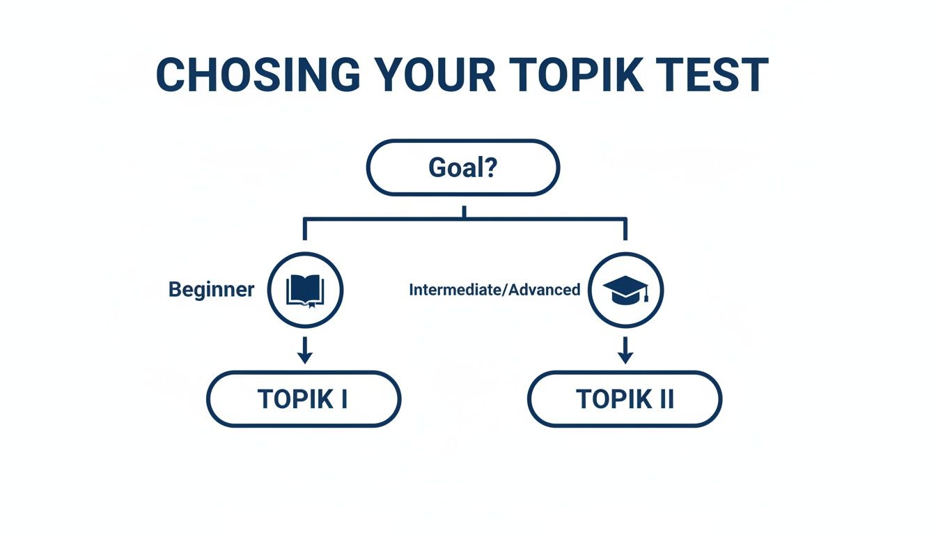A flowchart guiding users to choose between TOPIK I and TOPIK II based on their Korean language proficiency goals.