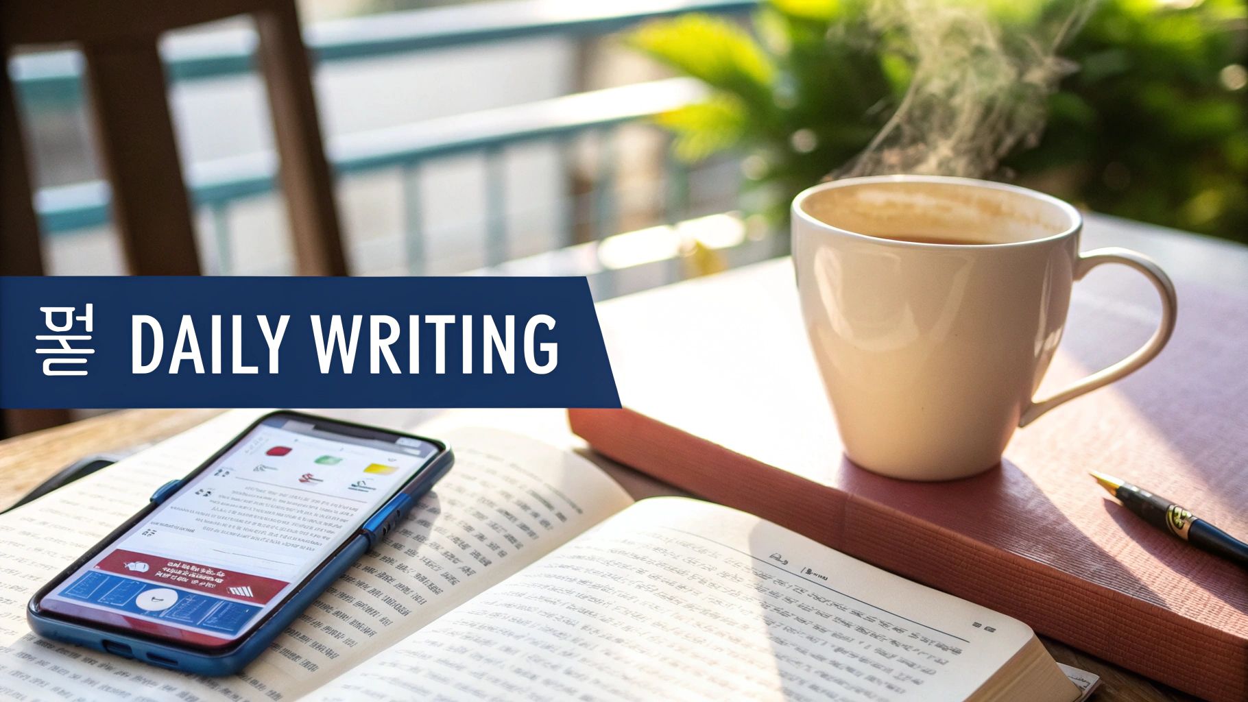 A person journaling in a notebook with a cup of coffee nearby, practicing Korean writing.