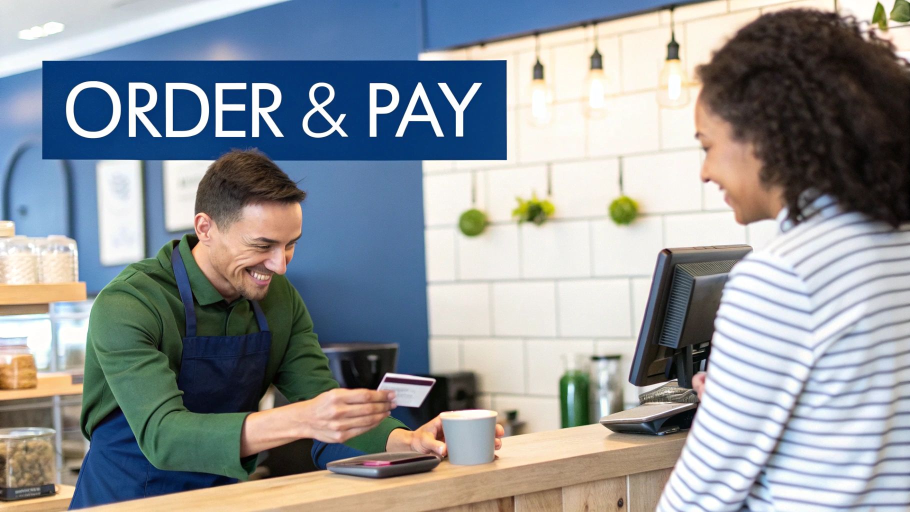 A smiling barista processes a credit card payment for a customer at a coffee shop counter.