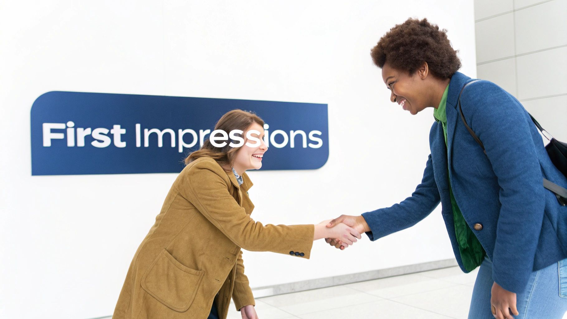 Two people greeting each other with a slight bow and smiling