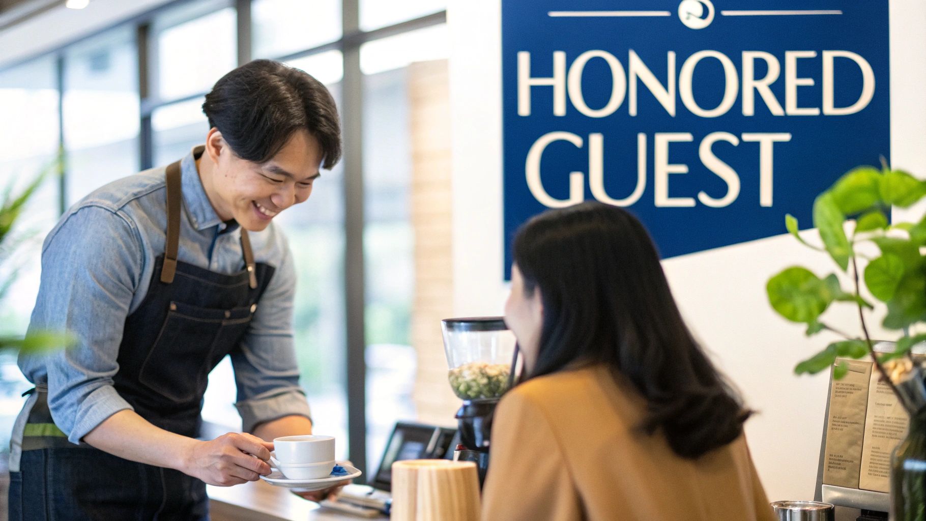 Smiling Asian man, a barista, serves coffee to an Asian woman, an honored guest.
