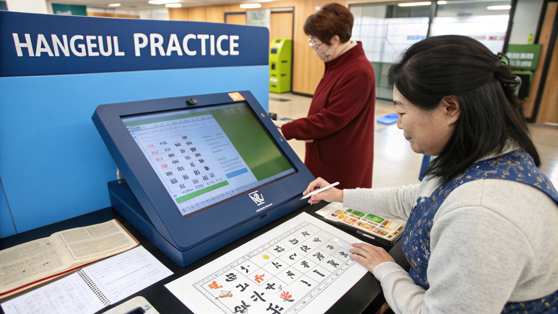 Woman practices Hangeul calligraphy at a digital learning station with books and a stylus.