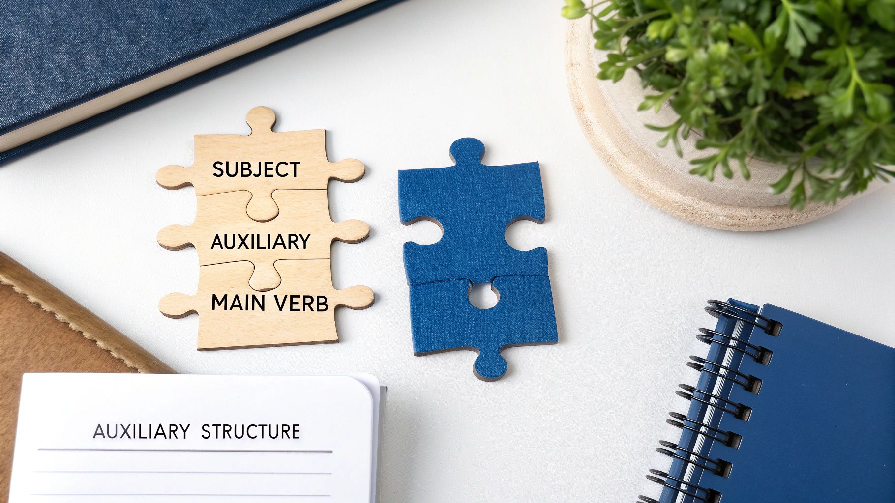 Wooden puzzle pieces spell out 'Subject, Auxiliary, Main Verb' next to a blue piece, illustrating sentence structure.