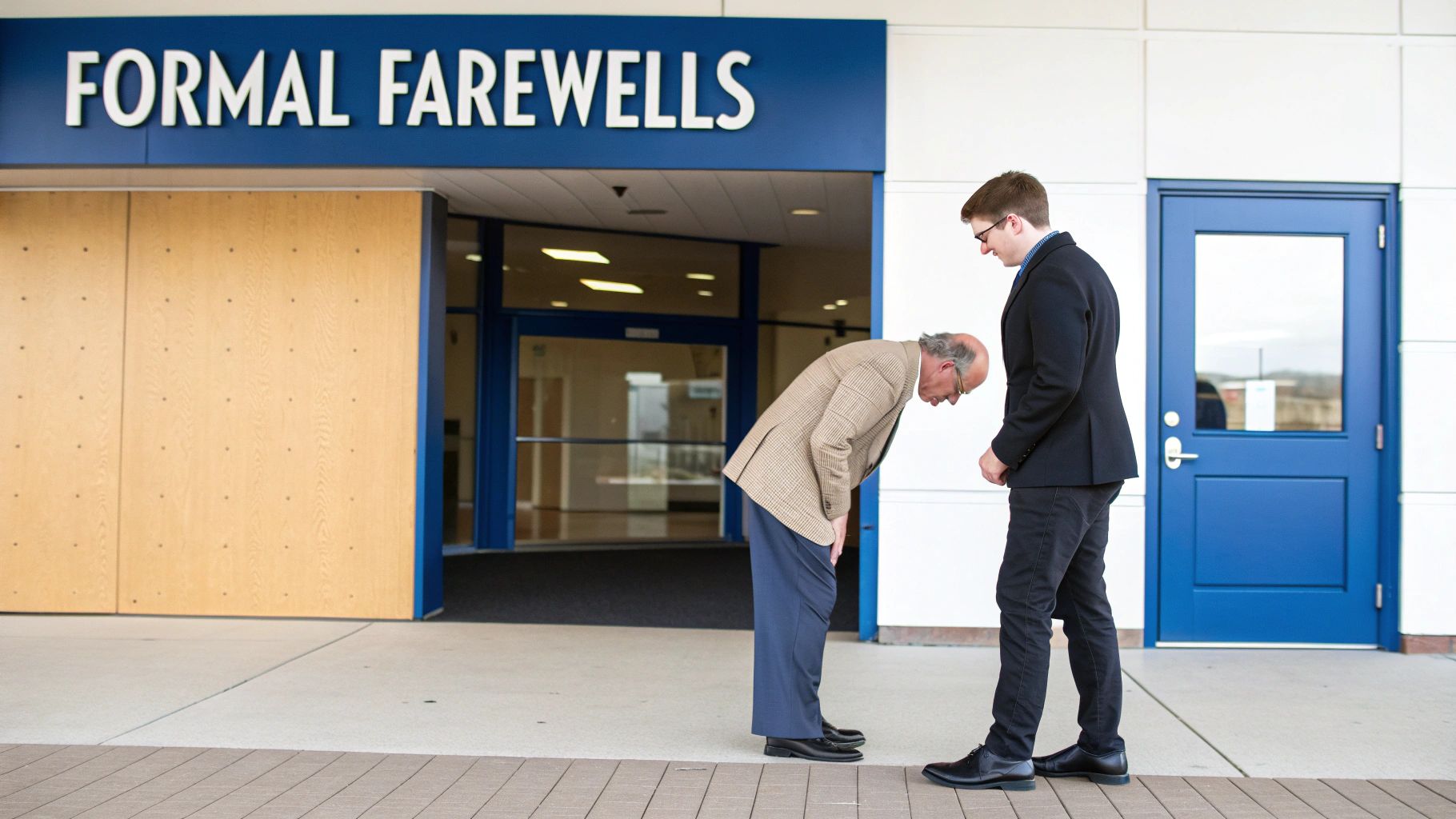 Two men in suits bowing formally to each other under a "FORMAL FAREWELLS" sign.