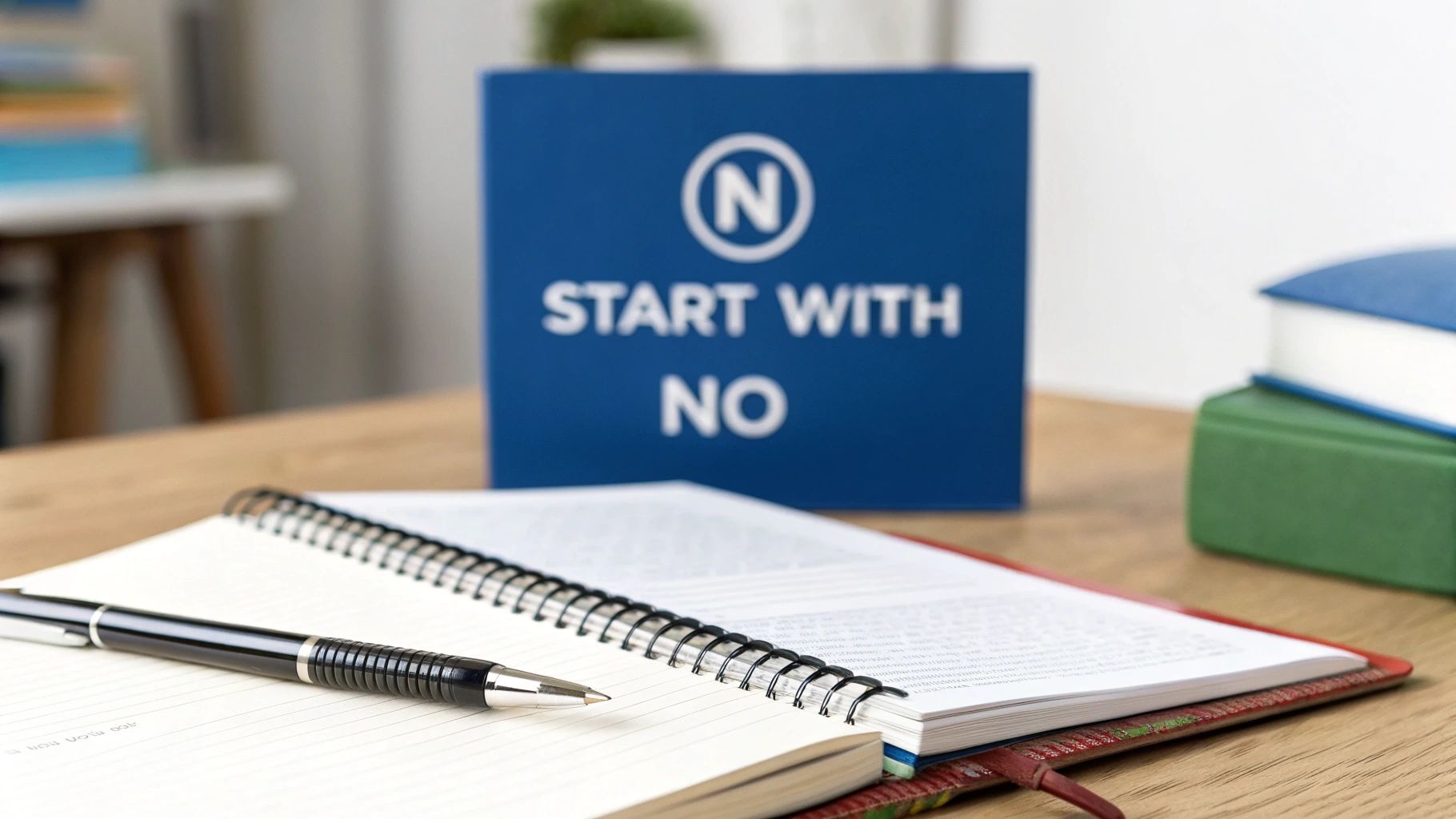 A pen on an open spiral notebook on a wooden desk, with a blue sign reading 'START WITH NO' in the background.