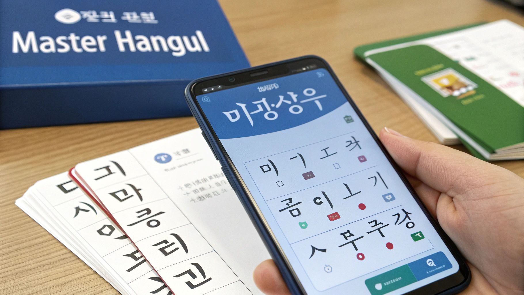 Student holding smartphone displaying Korean language learning app with flashcards and Master Hangul textbook on desk