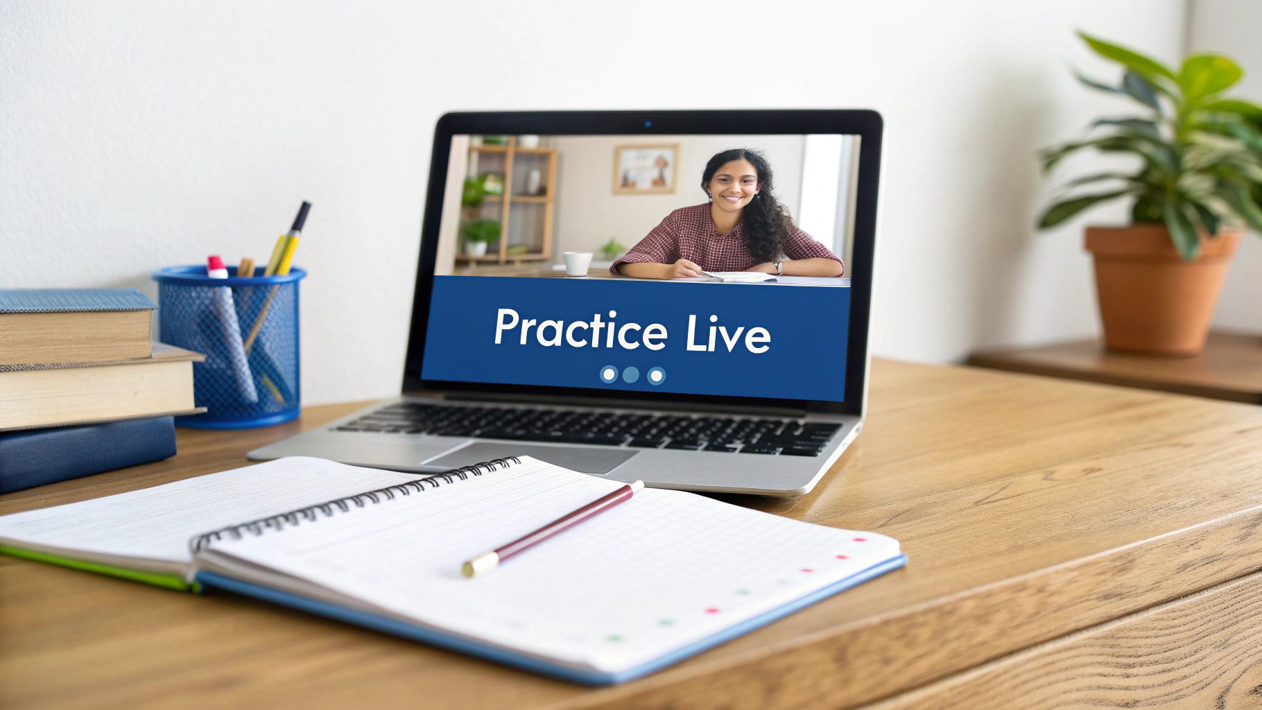 Woman teaching online on laptop screen with Practice Live text, student desk setup with notebooks