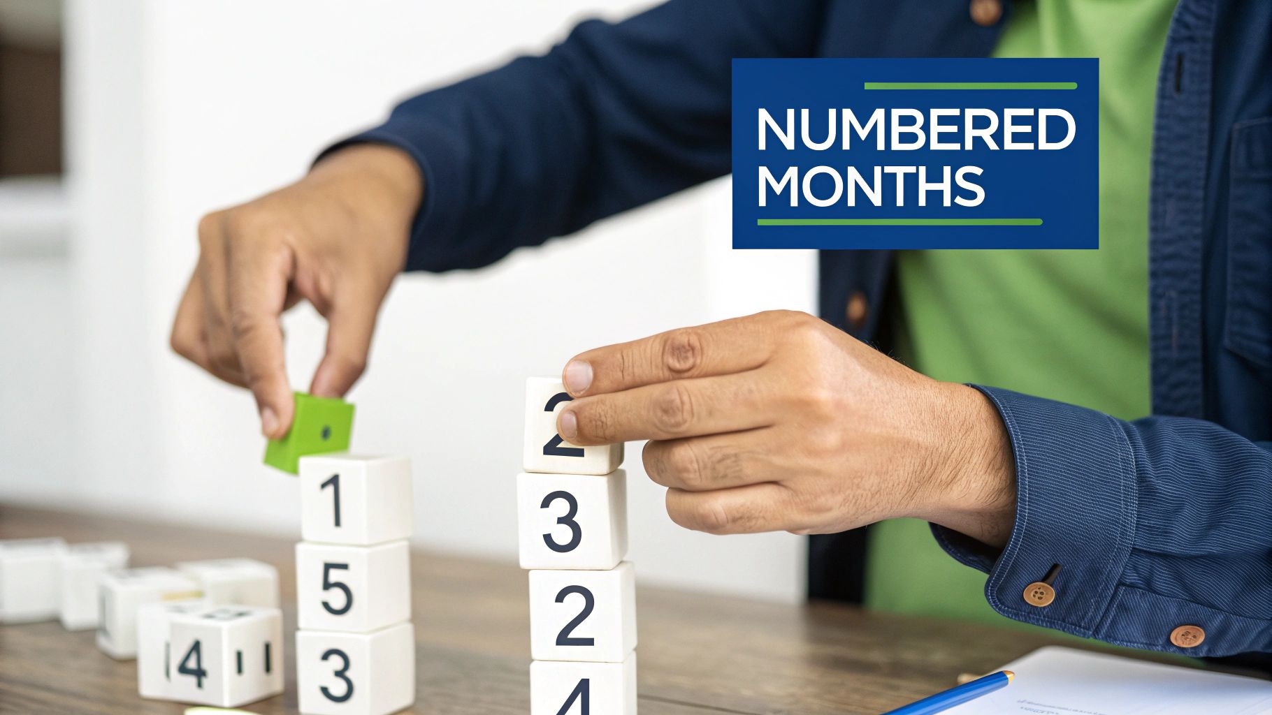 Hands stacking numbered white blocks on a wooden table with 'NUMBERED MONTHS' text.