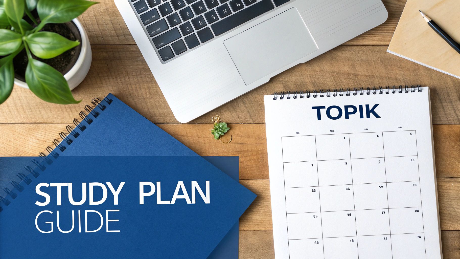Top-down view of a study desk with a laptop, plant, and a TOPIK study plan guide notebook.