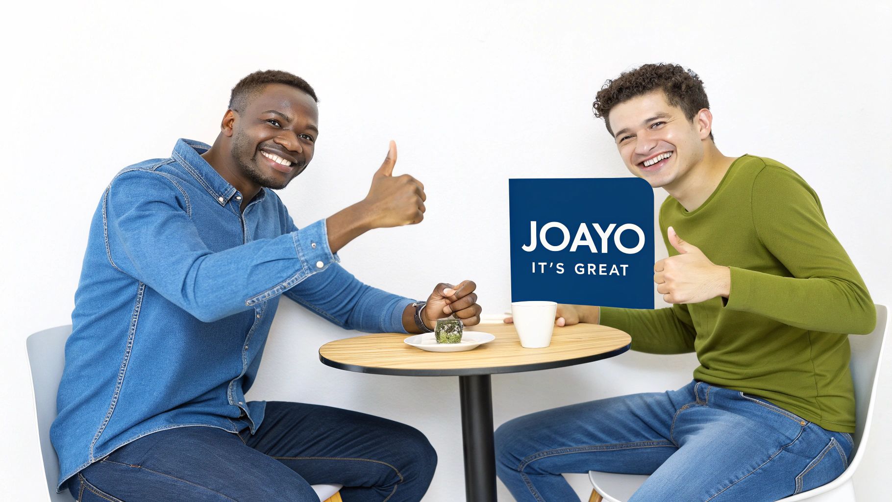 Two smiling men giving thumbs-up gestures, sitting at a table with a 'JOAYO' sign.