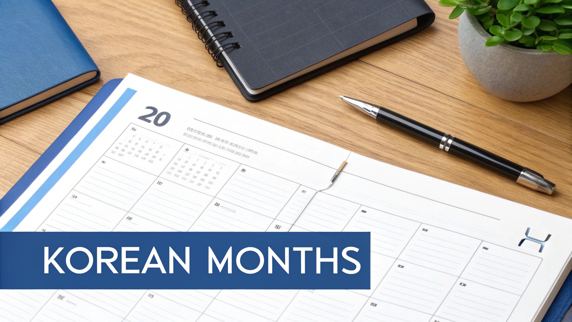 A desk flatlay showing an open calendar to '20', a pen, notebooks, and a plant, with a 'KOREAN MONTHS' banner.