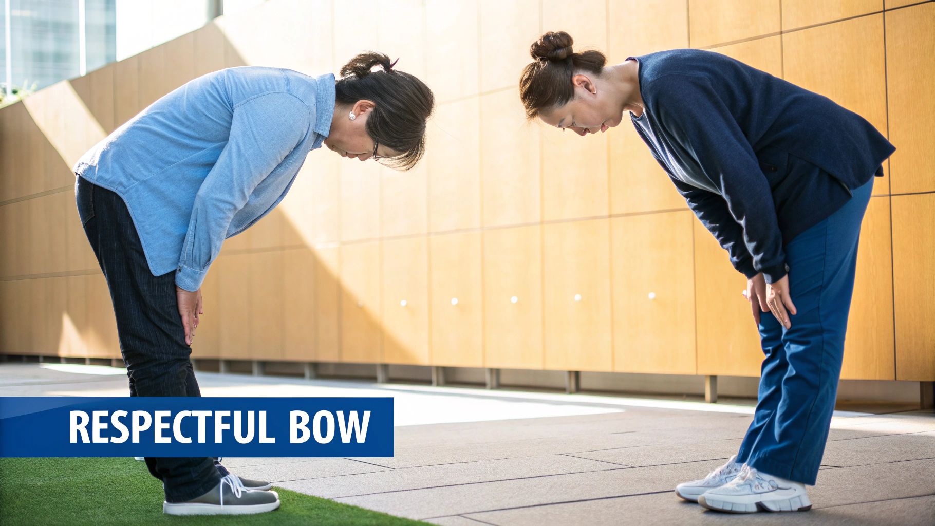 Two people performing a respectful bow, possibly in a Japanese or Korean greeting, against a modern building.