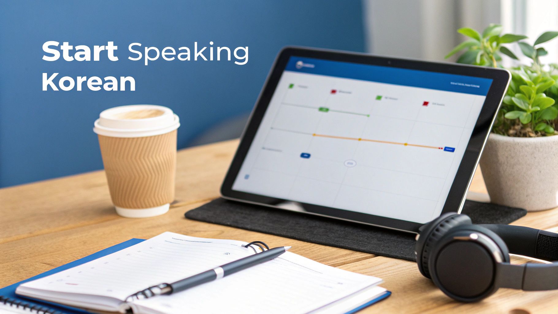 A learning setup with a tablet, coffee, notebook, and headphones, displaying 'Start Speaking Korean'.
