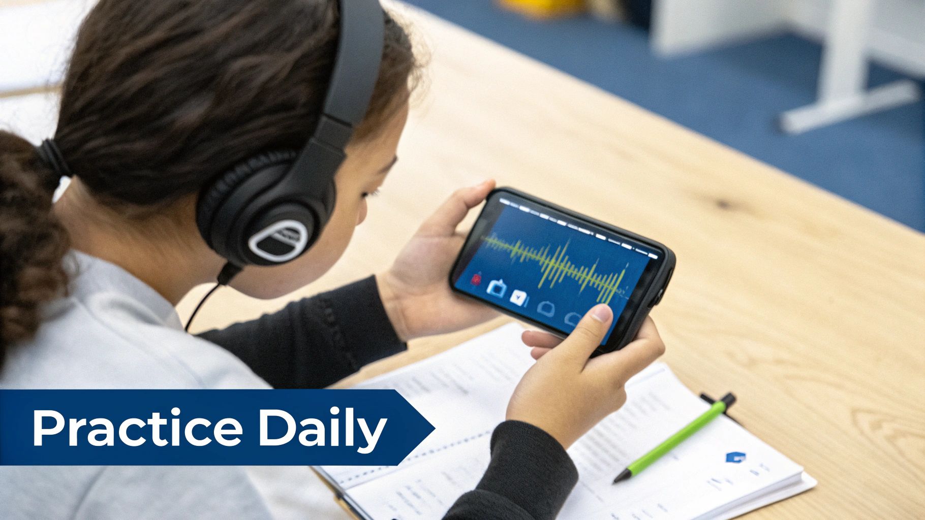 A person practicing Korean pronunciation by listening with headphones.
