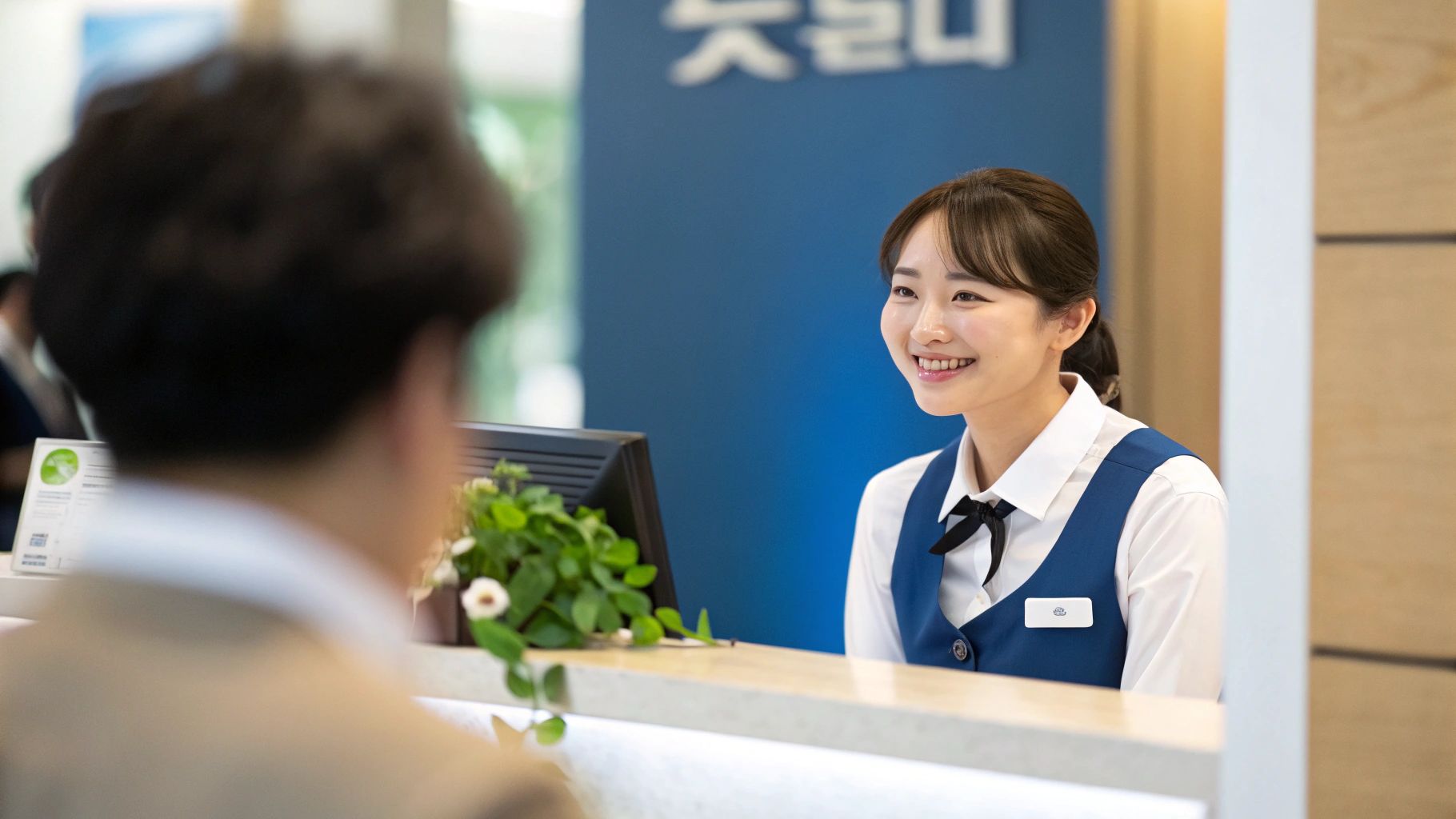 Smiling Asian receptionist in a blue vest greets a customer at a modern counter.