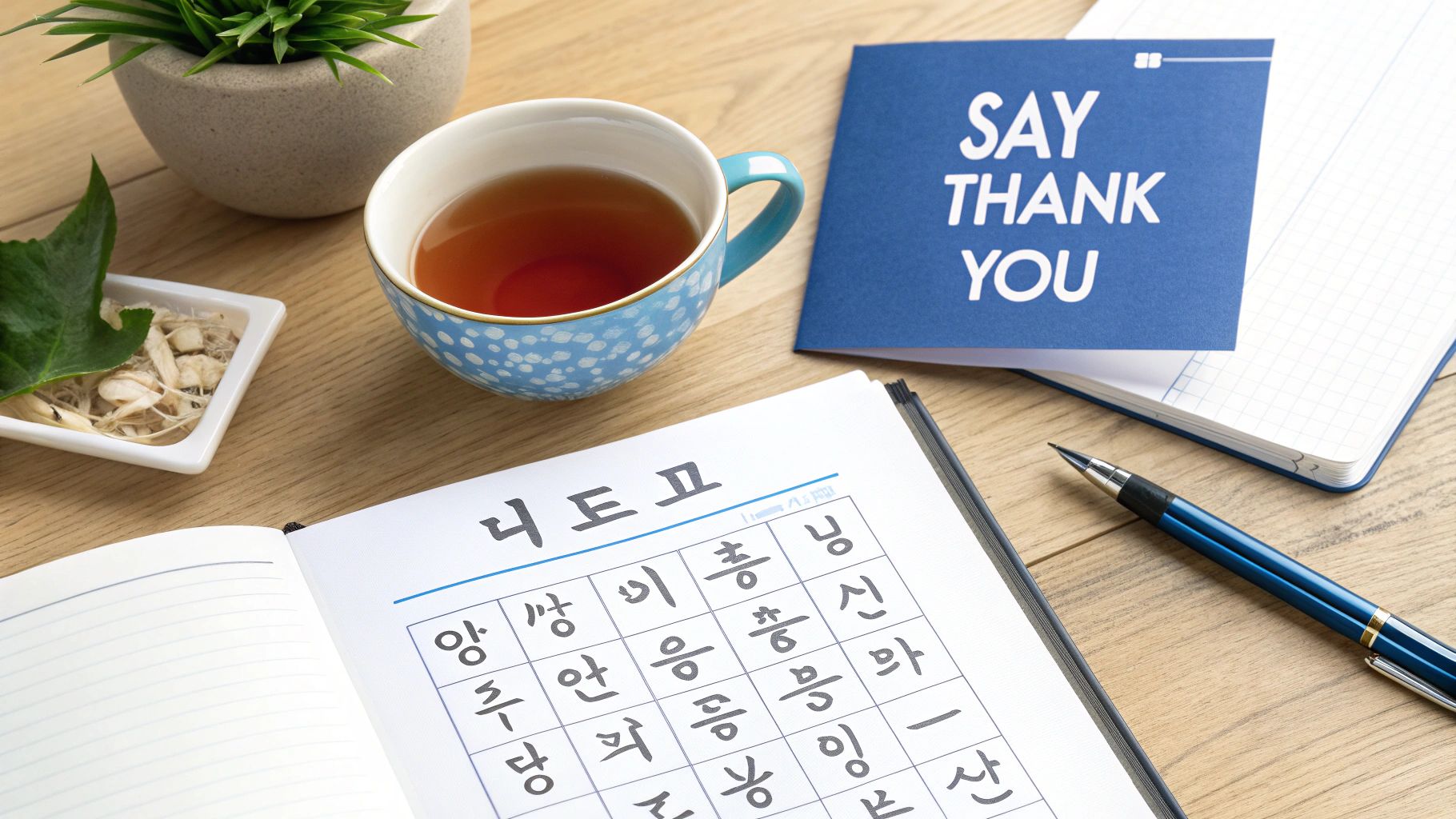 A flat lay of a study desk with a tea cup, plant, dried herbs, open Korean notebook, pen, and a 'Say Thank You' card.