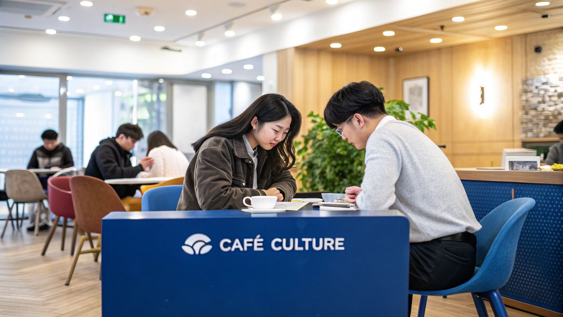 Two young Asian students focus on documents and coffee at a modern cafe.
