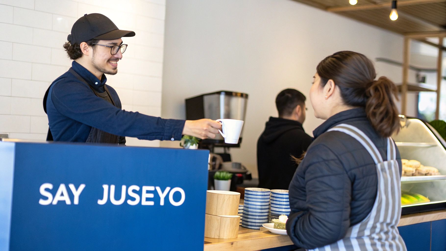 A smiling barista in a cafe hands a white coffee cup to a customer across the counter.