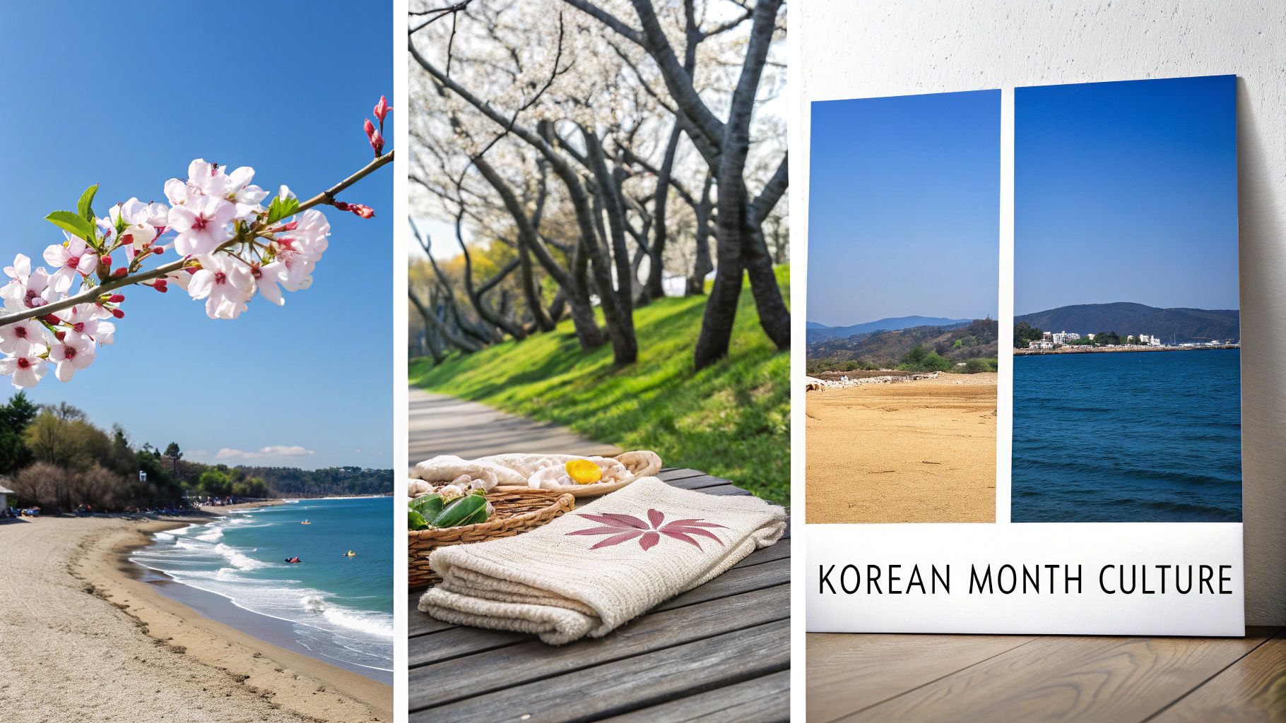 A vibrant collage of Korean culture featuring cherry blossoms, sandy beaches, a park path, and coastal views.
