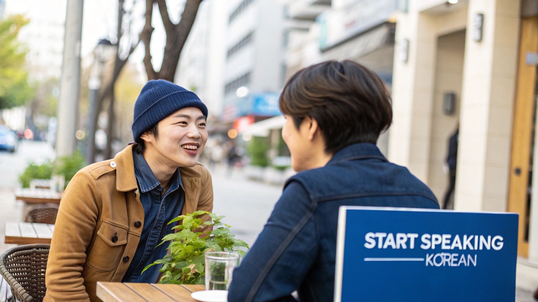 Two young Asian people joyfully chat at an outdoor cafe, with a 'Start Speaking Korean' sign.