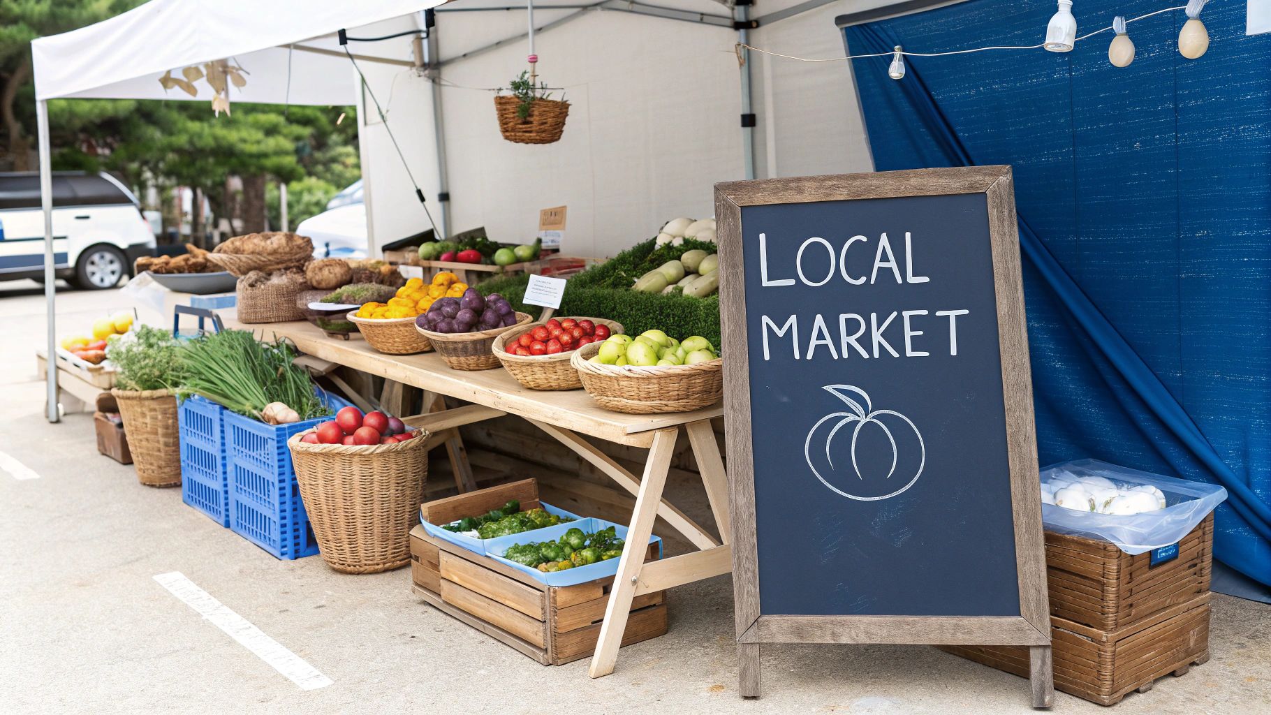 A vibrant local market stall under a white tent, featuring fresh fruits and vegetables in baskets with a 'LOCAL MARKET' sign.