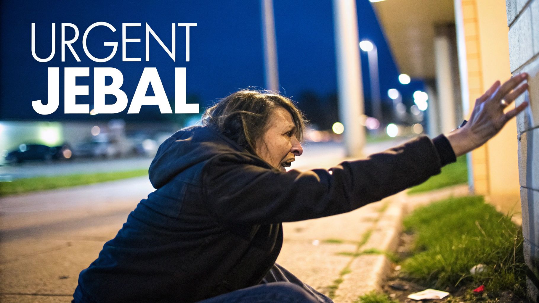 A distressed person crouches and reaches for a building wall on a dark street.