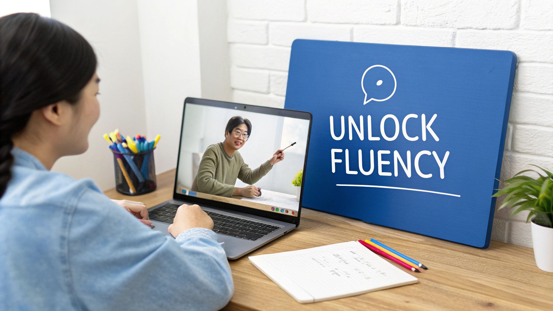 A person having a video call with an online Korean language tutor.